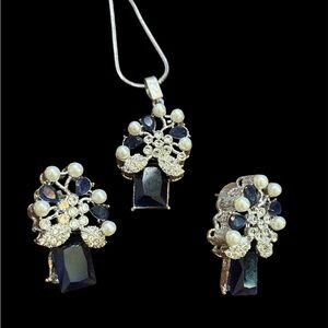 Elegant Pearl & Navy Crystal Pendant Necklace and Earrings Set